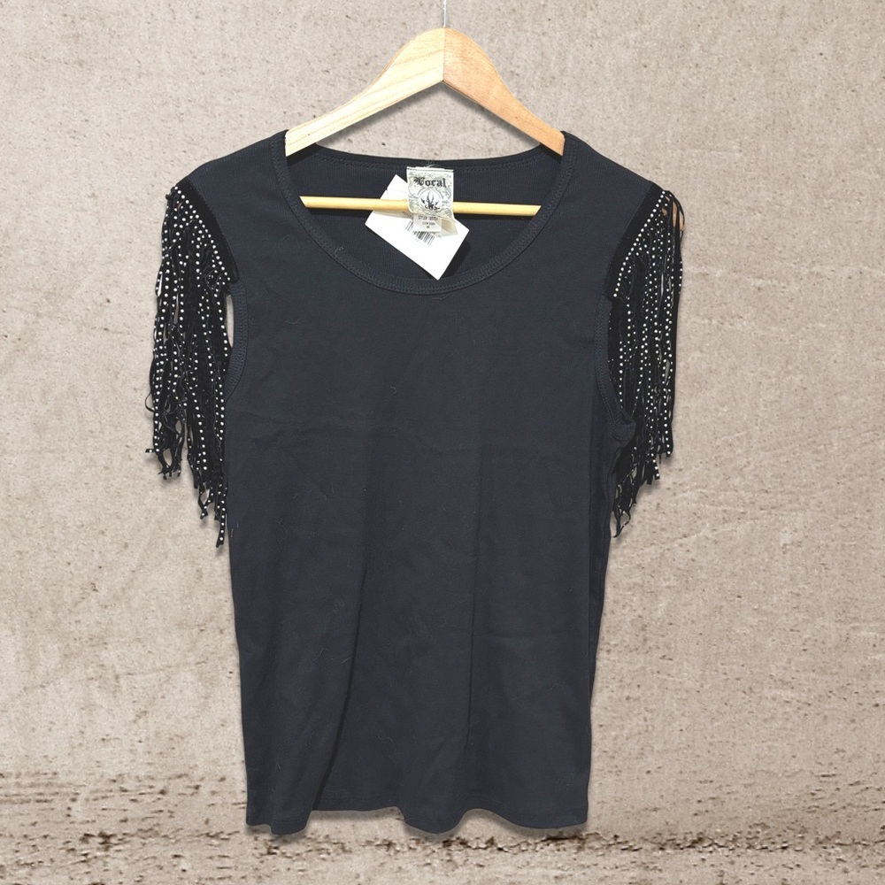 Vocal Black Fringe Sleeve Tank Top. Size Medium